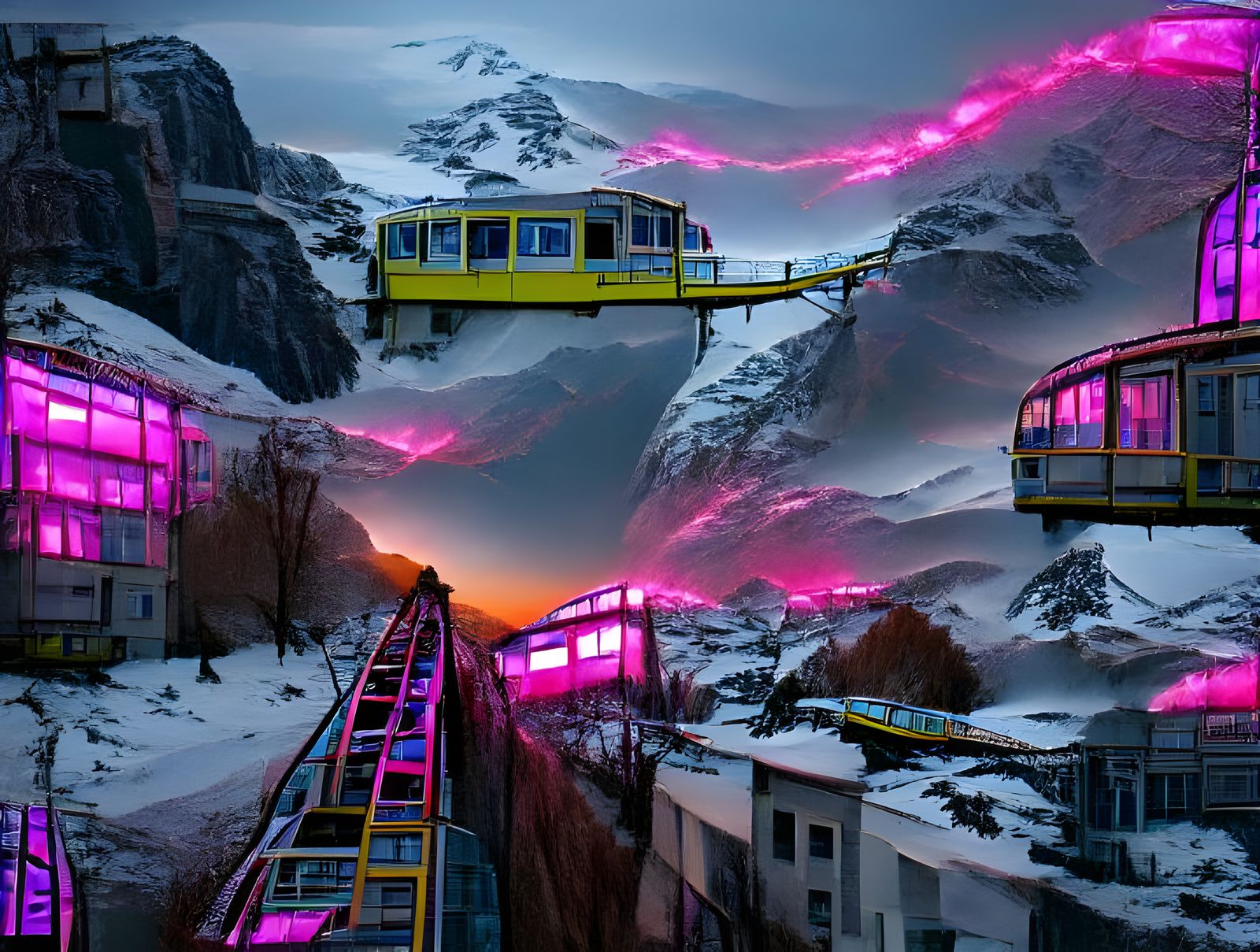 Cyberpunk Funicular at Sunset: A Winter Fantasy