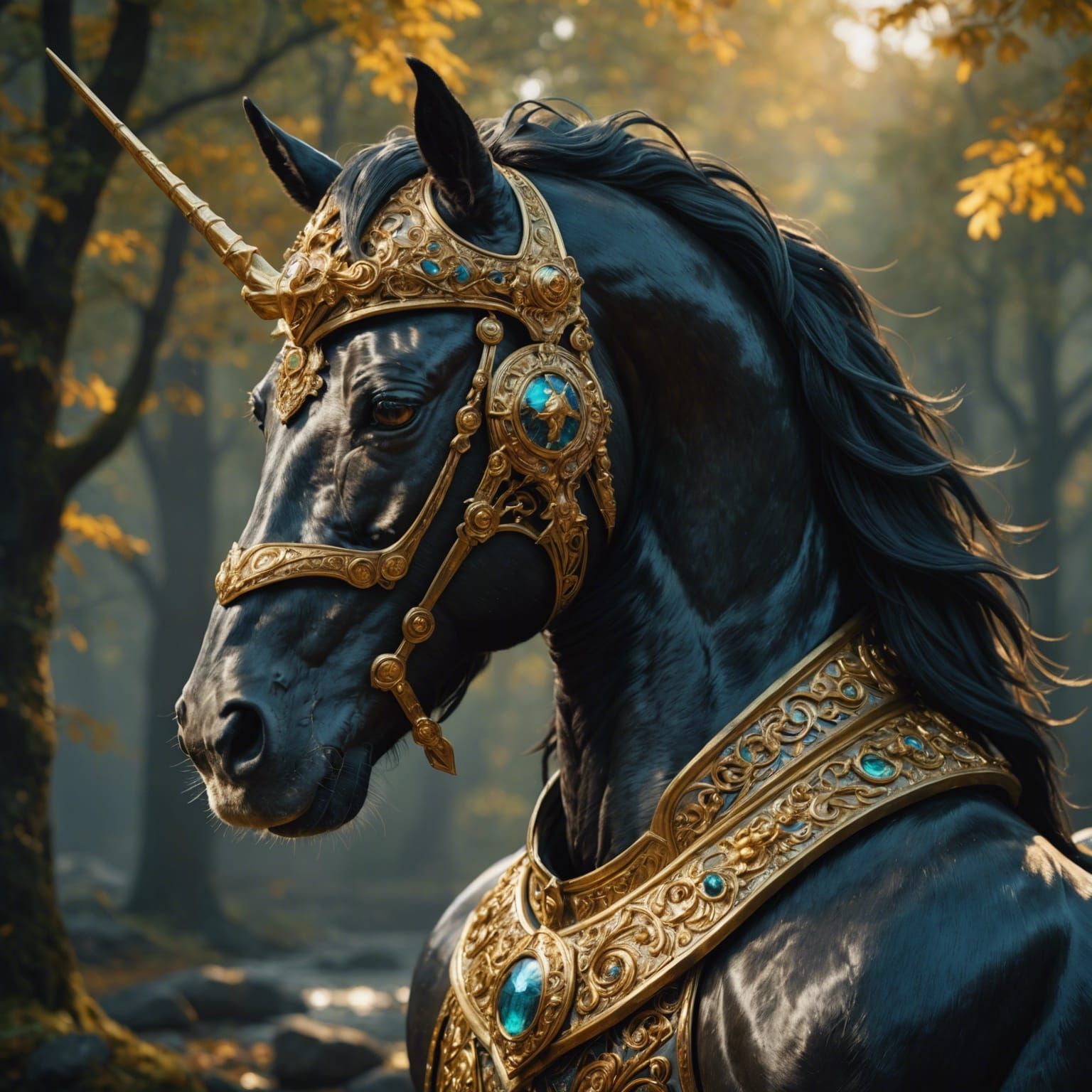 Stallion Head with Golden Headgear, Detailed Digital Paintin...
