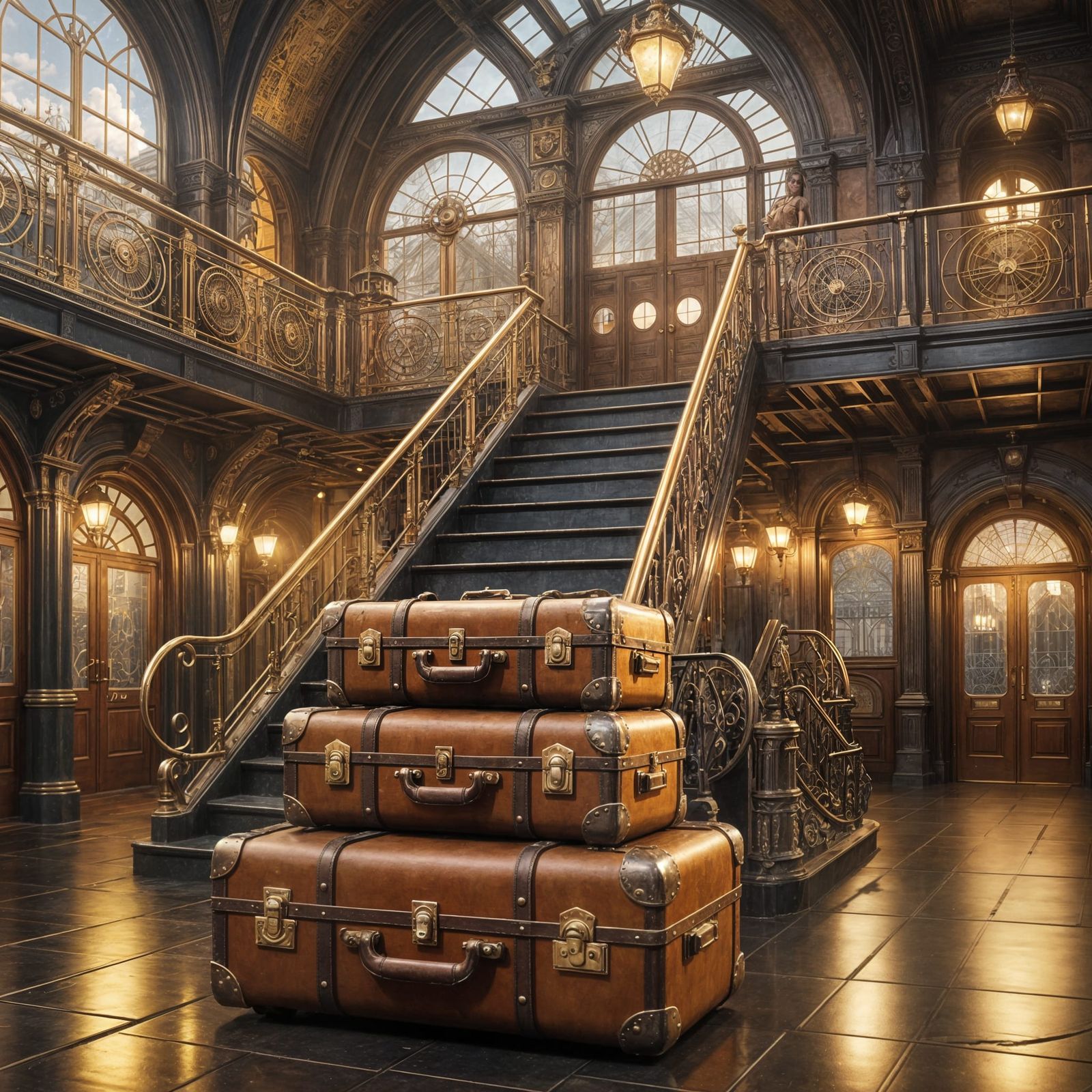 Elegant Steampunk Train Station with Intricate Textures