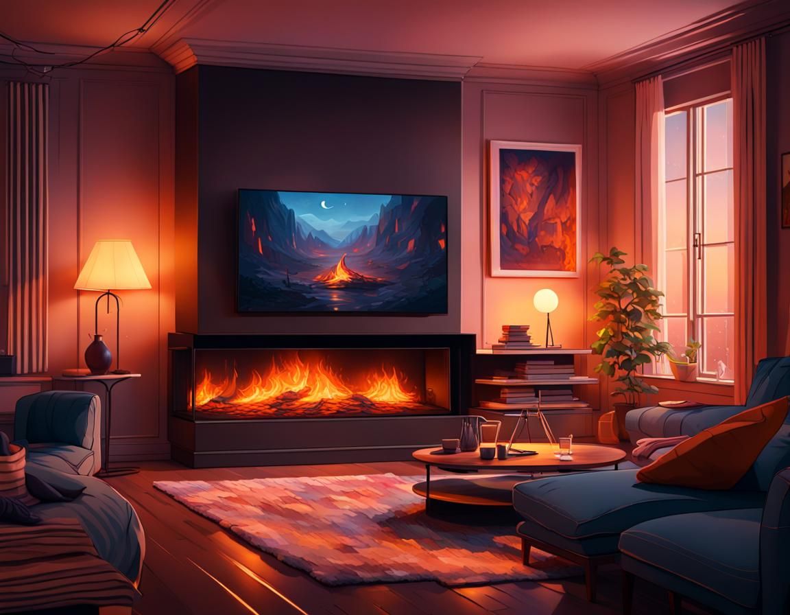Cozy Evening: Modern Living Room by Fireplace