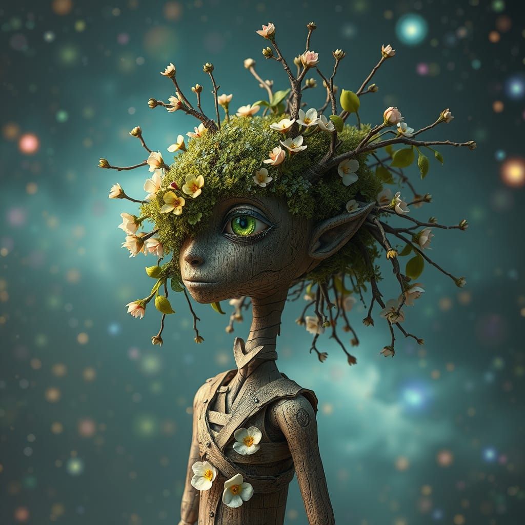 Slender Moss-haired Tree Being in Astral Scene