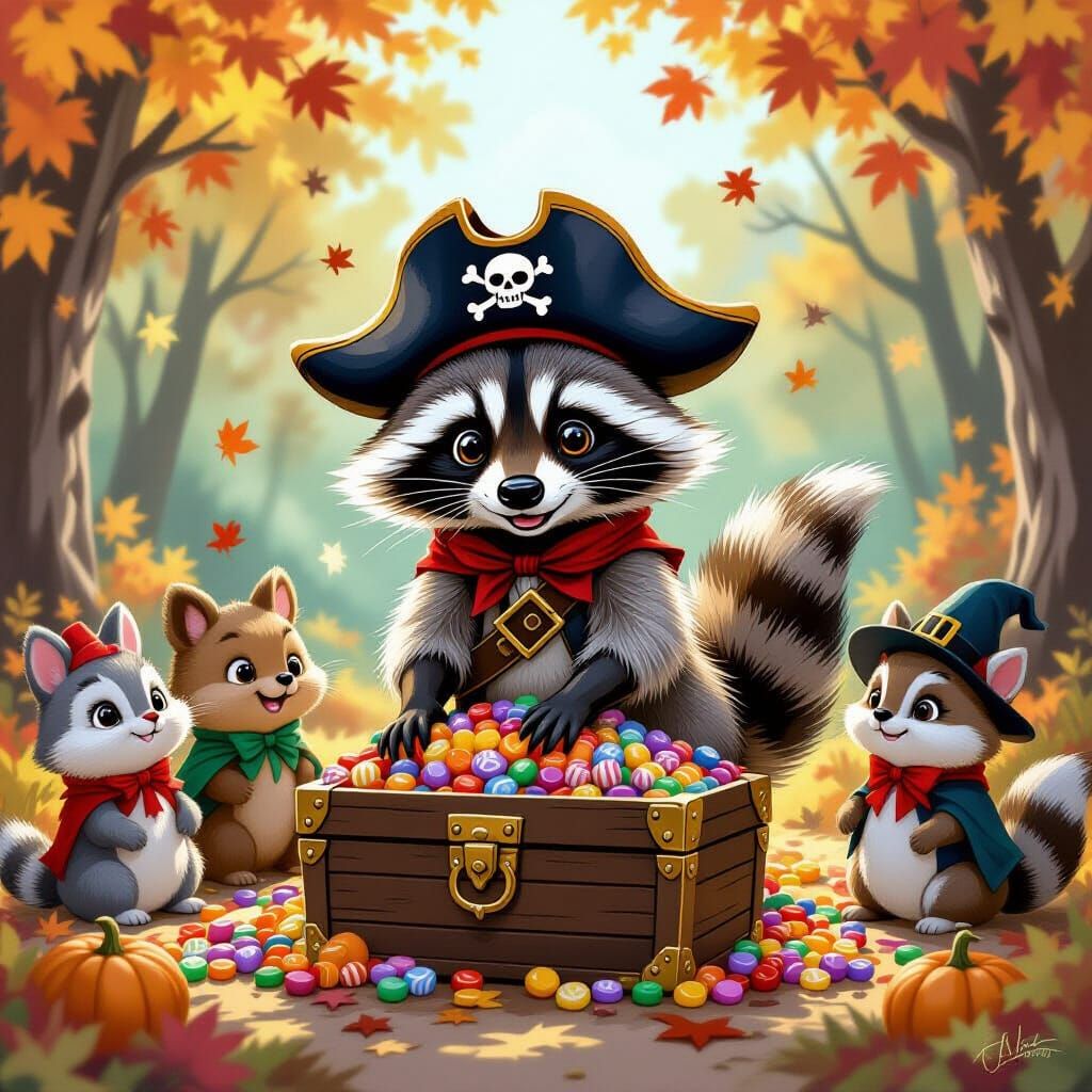 Pirate Raccoon with Woodland Friends in Autumn Halloween Sce...
