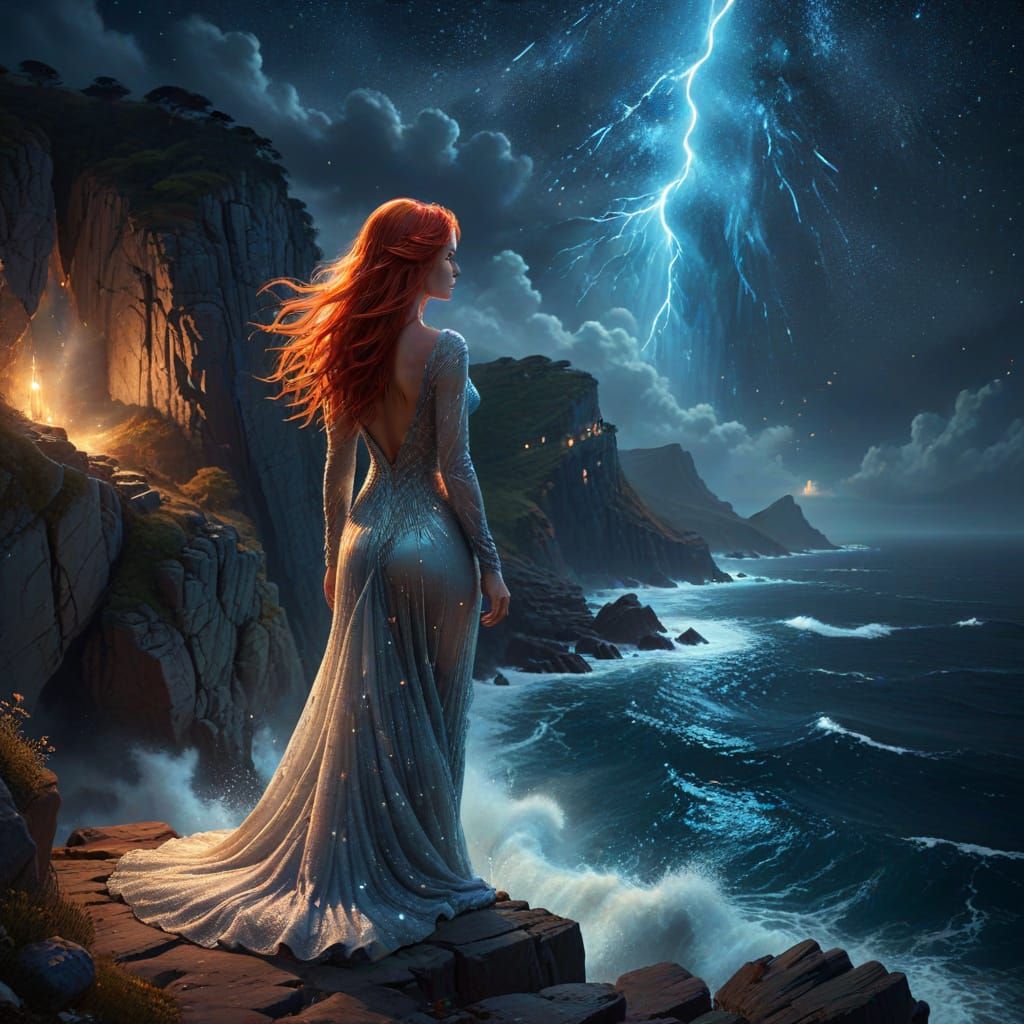 Ethereal Woman on Cliff by Luminescent Ocean