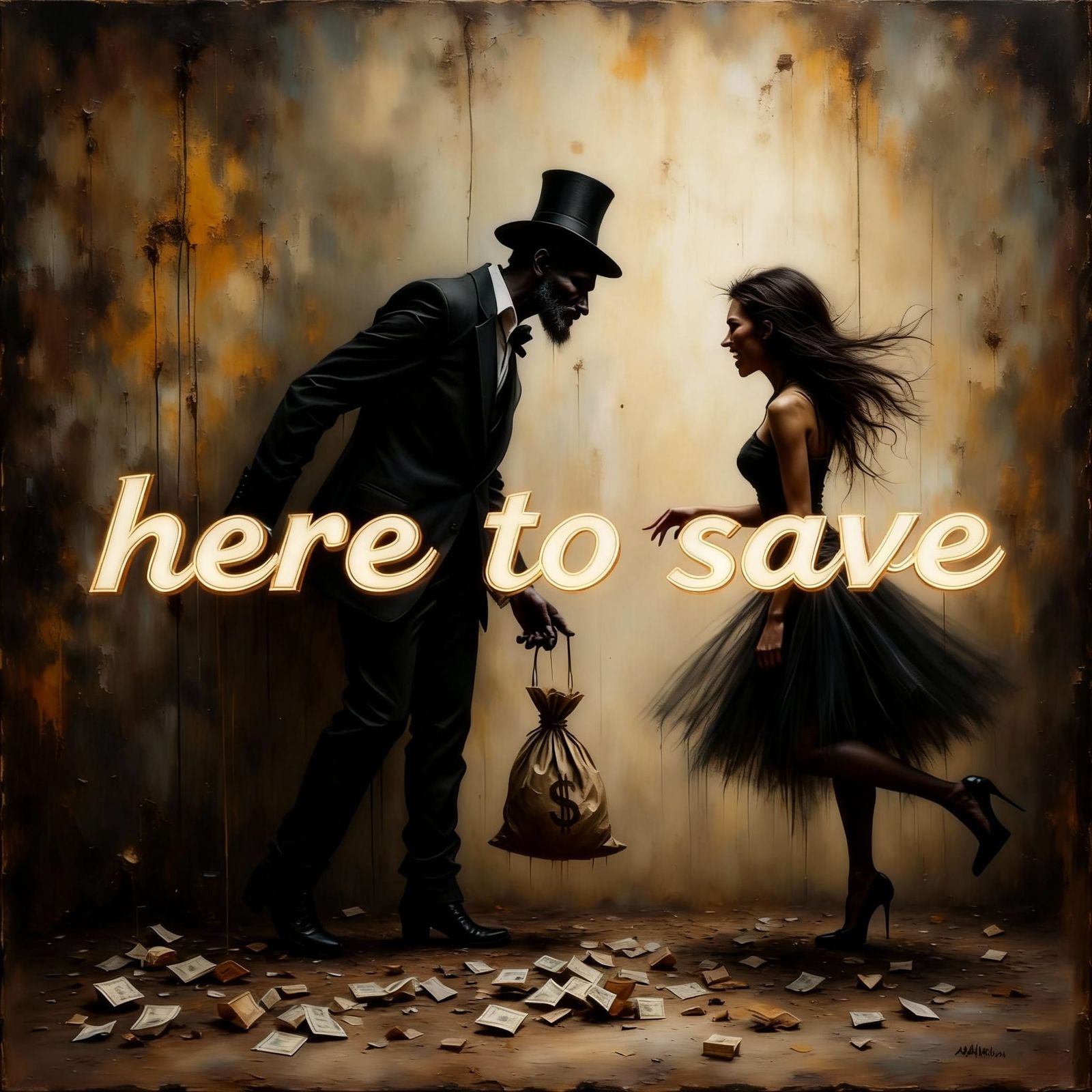 Man with Smirk and Woman with Money Bag in Grunge Style