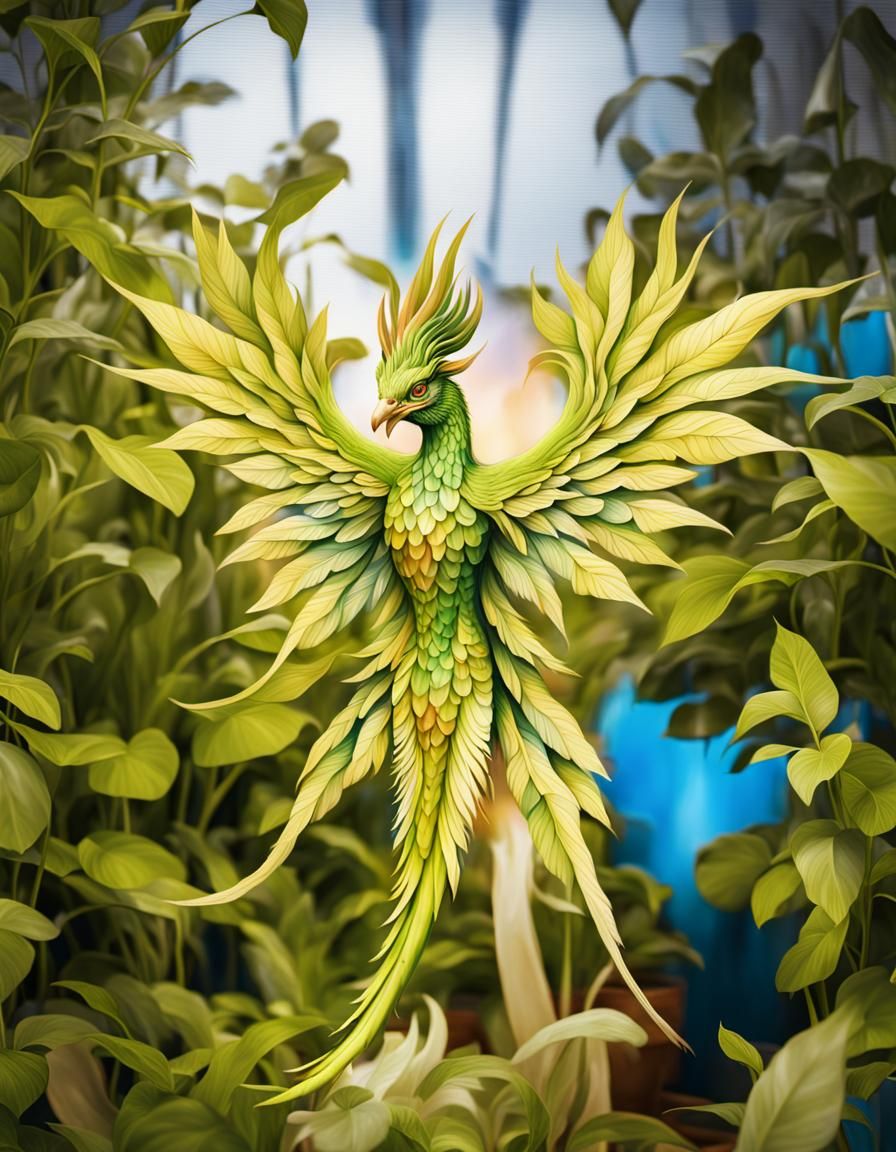 Green Phoenix Emerges from Plant, Photorealistic Surrealism