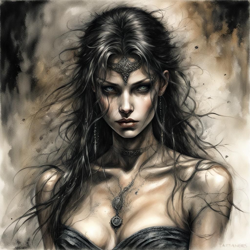 Striking Woman with Tattoos in Dark Tones