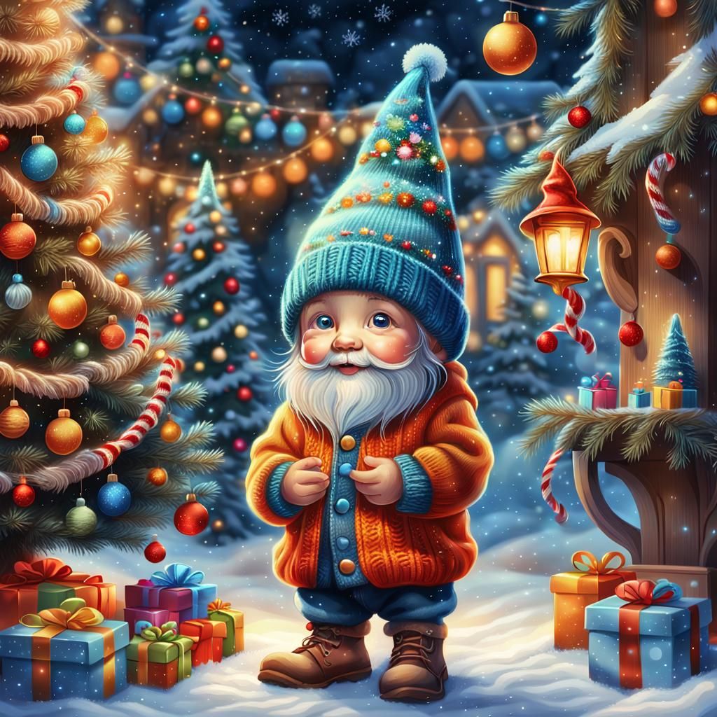 Festive Gnome Child Under Christmas Tree, Digital Painting