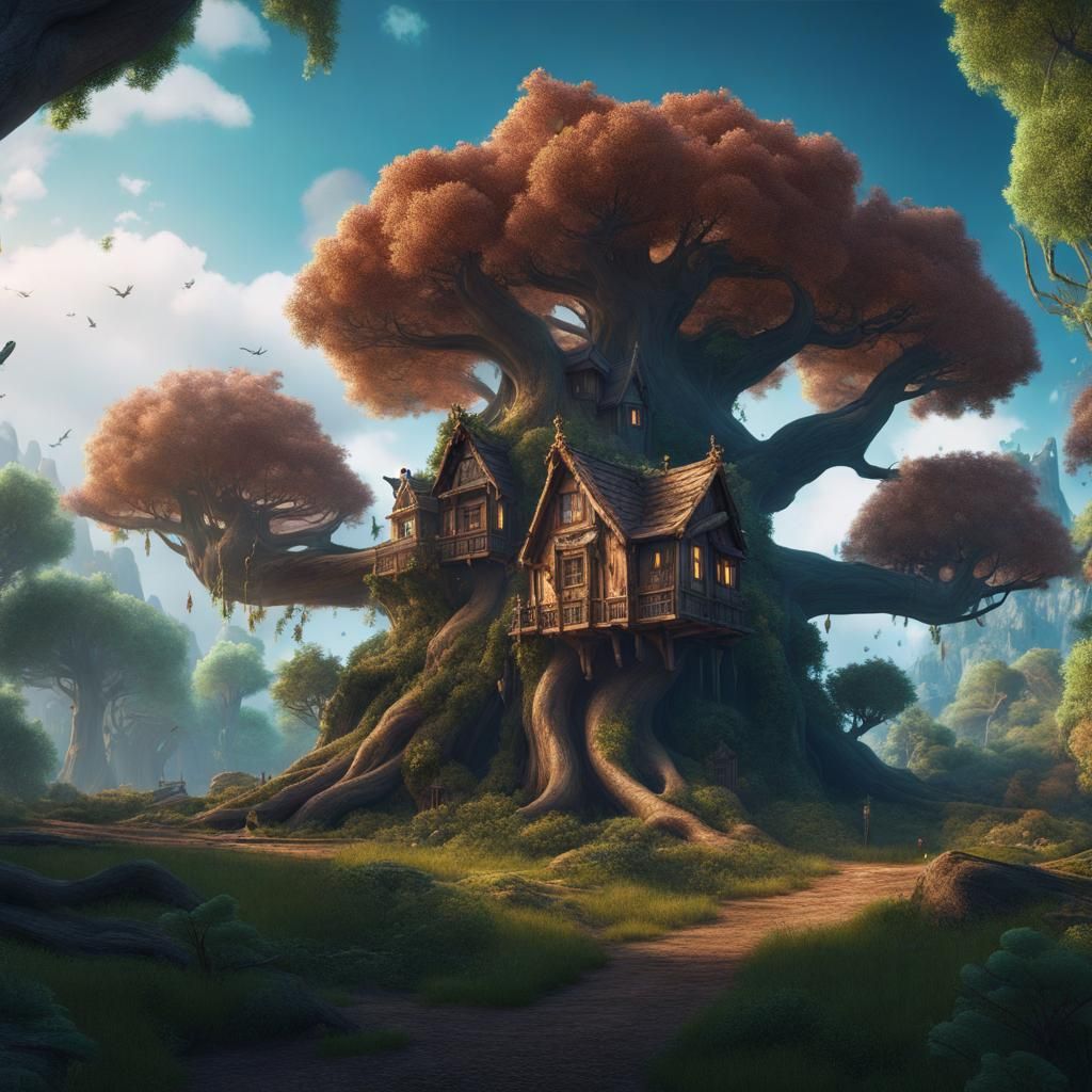 Fantasy Landscape with Homes in Giant Trees