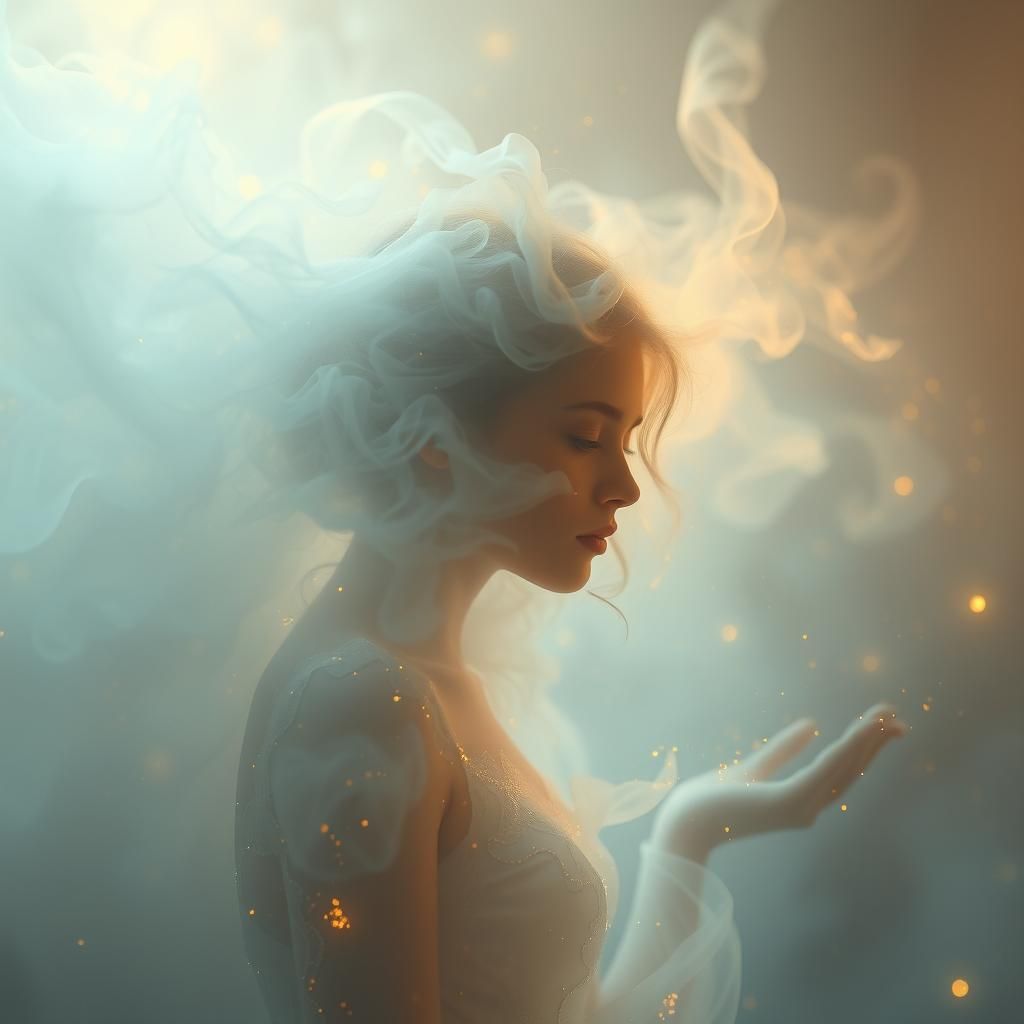 Ethereal Figure Dissolving in Dreamlike Fantasy Landscape