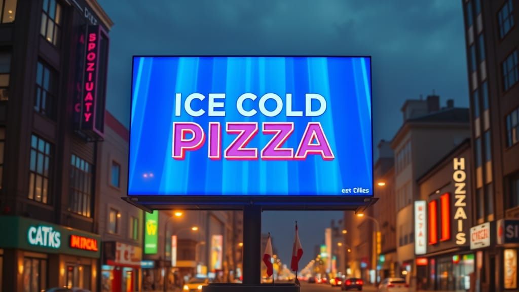 Electric Blue Billboard Ad for Ice Cold Pizza in Futuristic ...
