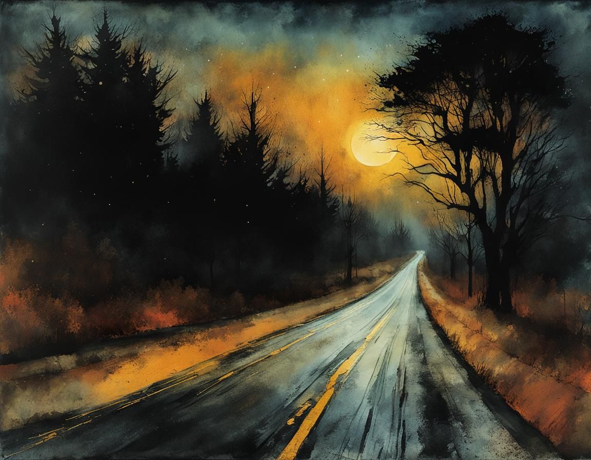 Dark Road at Night in Antique Watercolor Style
