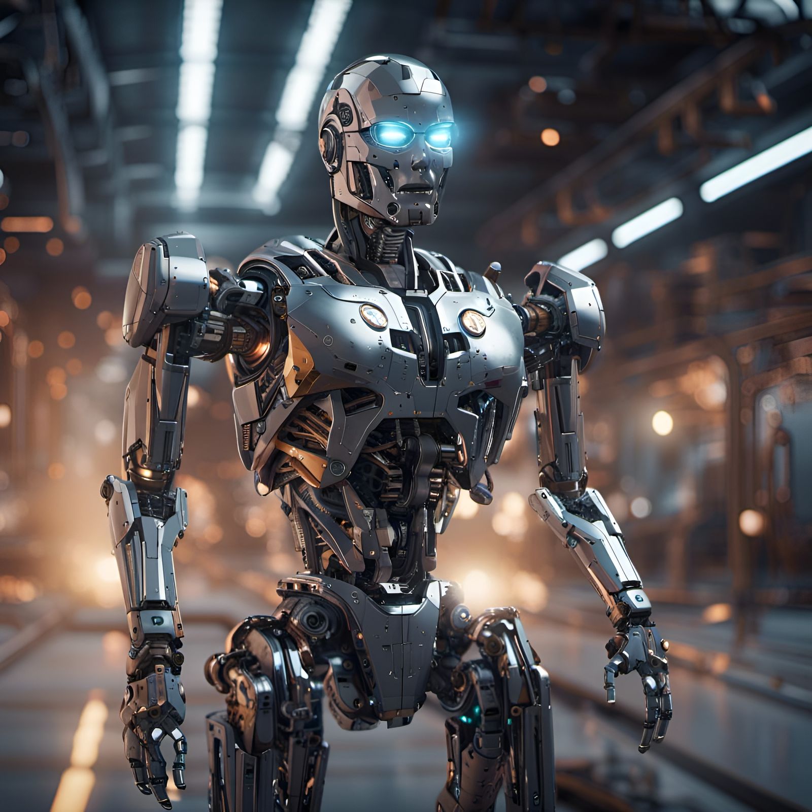 Futuristic Robot with Atomic Core and Laser Beams