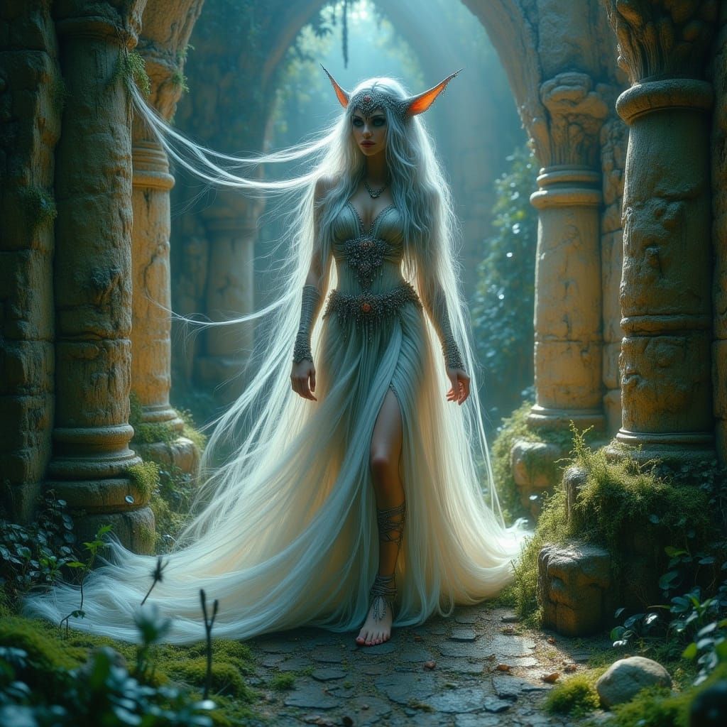 Ethereal Elf Dancer in Ancient Ruins
