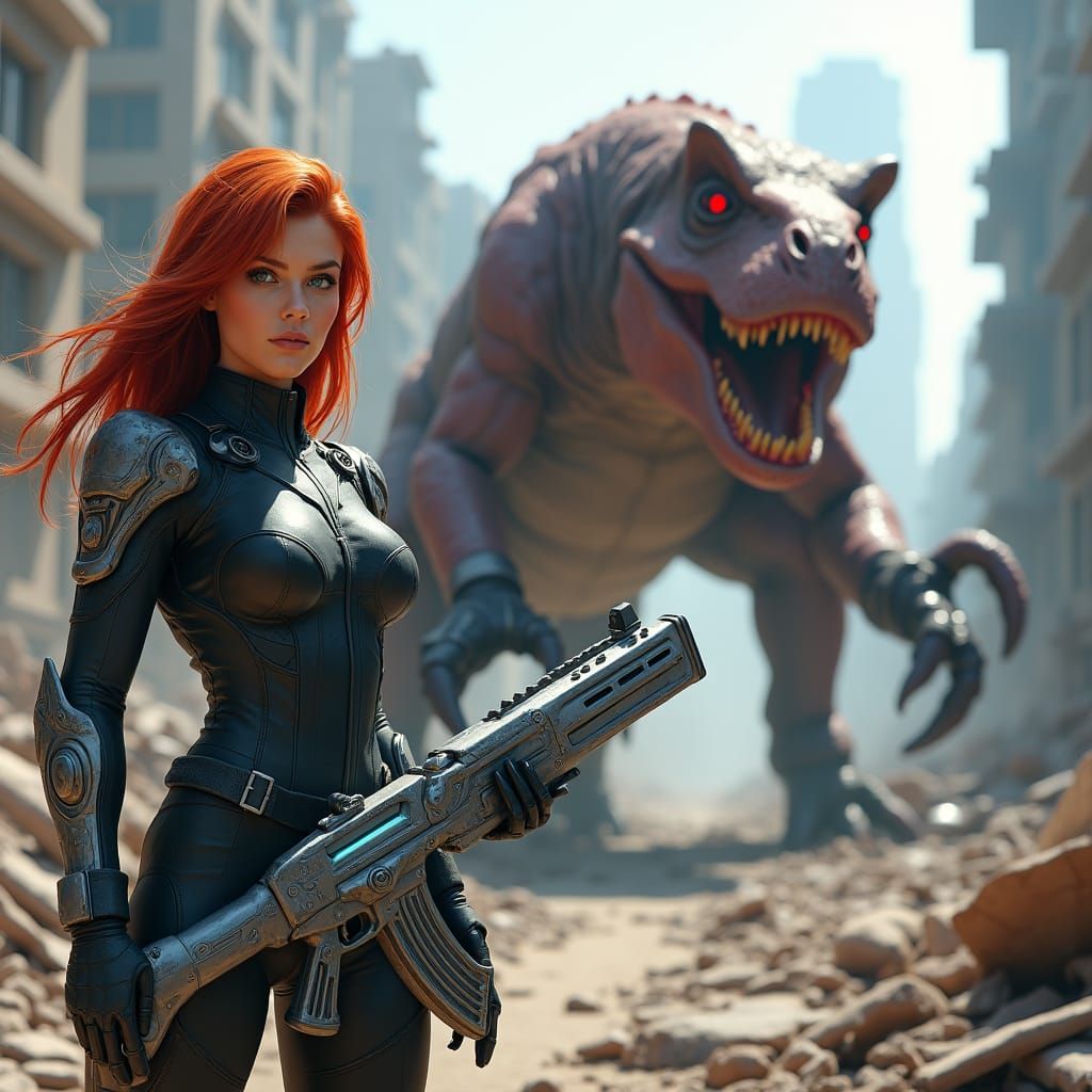 Futuristic Warrior Confronts Mutant Beast in Ruined City