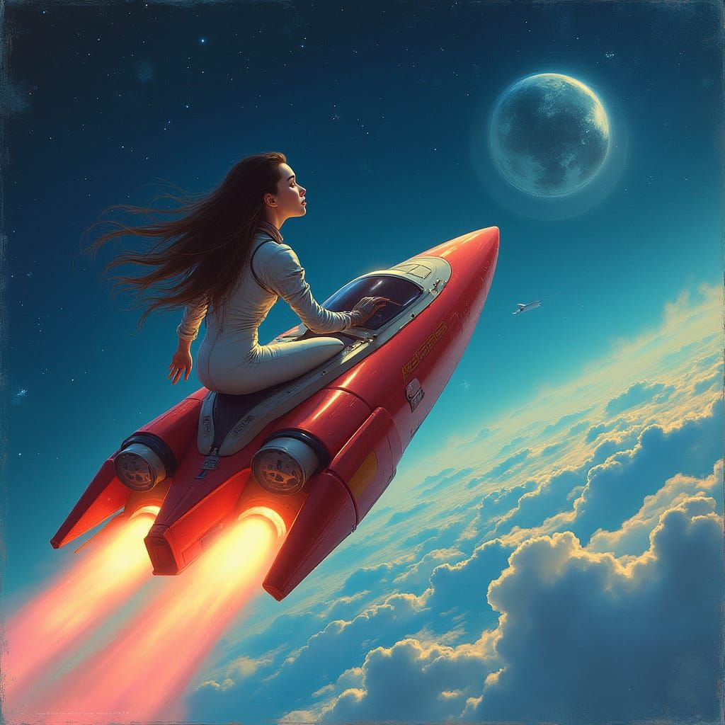 Girl's Rocket Ride to the Moon in Futuristic Style