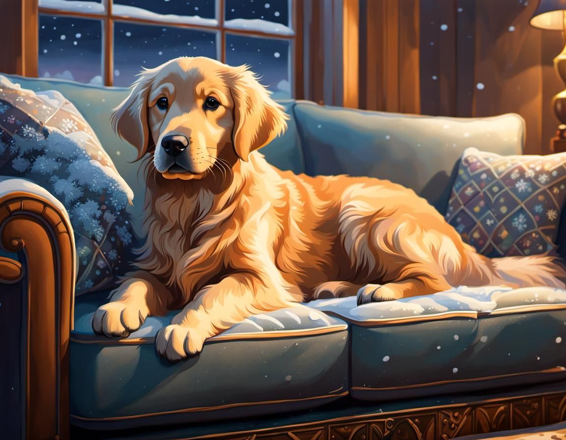 Golden Retriever Puppy in Cozy Winter Living Room