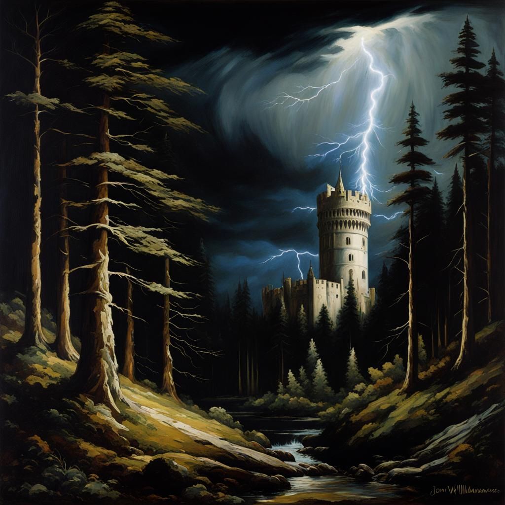 Medieval Tower in Storm with Lightning, Chiaroscuro Style