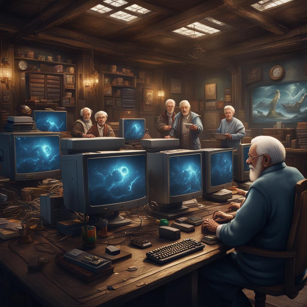 Senior Citizens Learning Computers: Detailed Matte Painting
