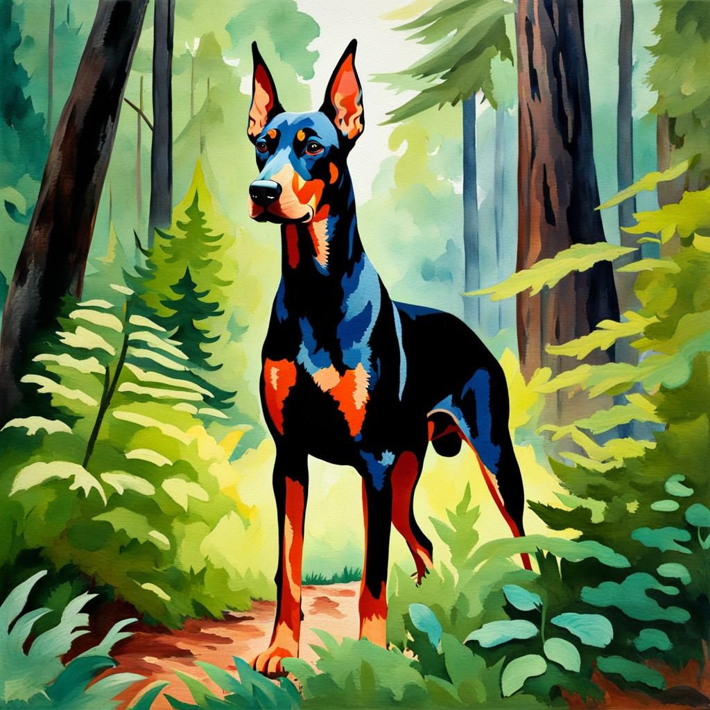 Doberman in Forest: Gouache Watercolor Impressionist Paintin...
