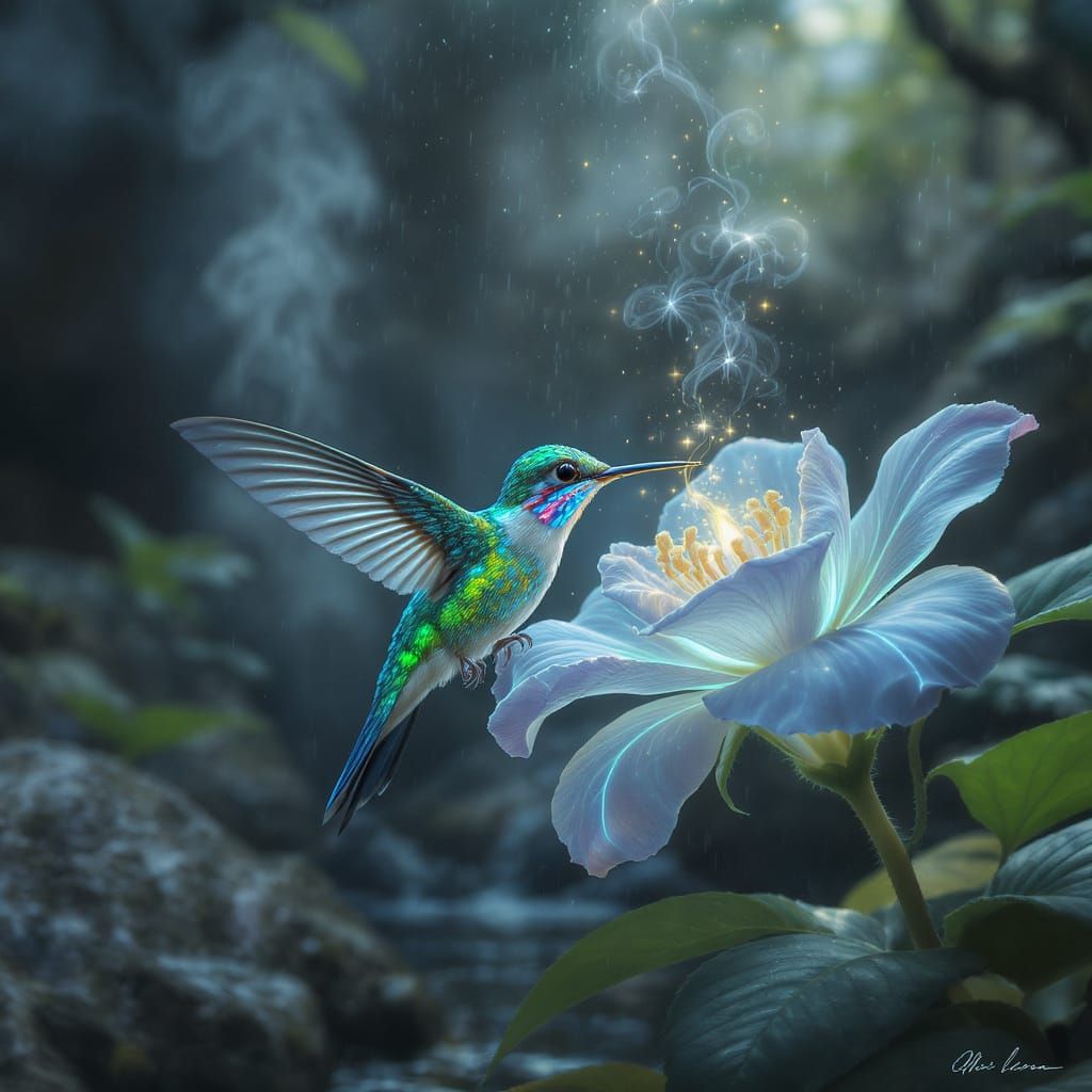 Hummingbird Sipping Nectar in Bioluminescent Grove