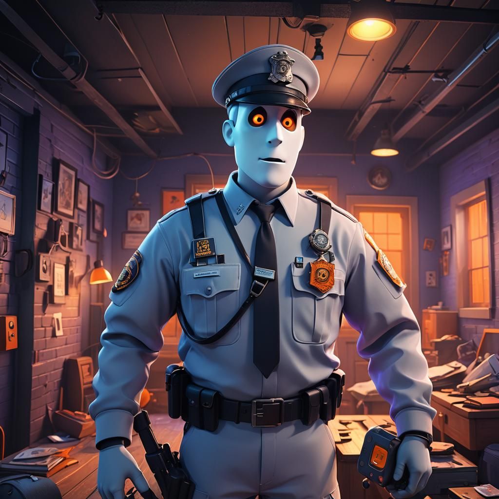 Cartoon Ghost Security Guard in Attic: Pixar-Style 3D Art