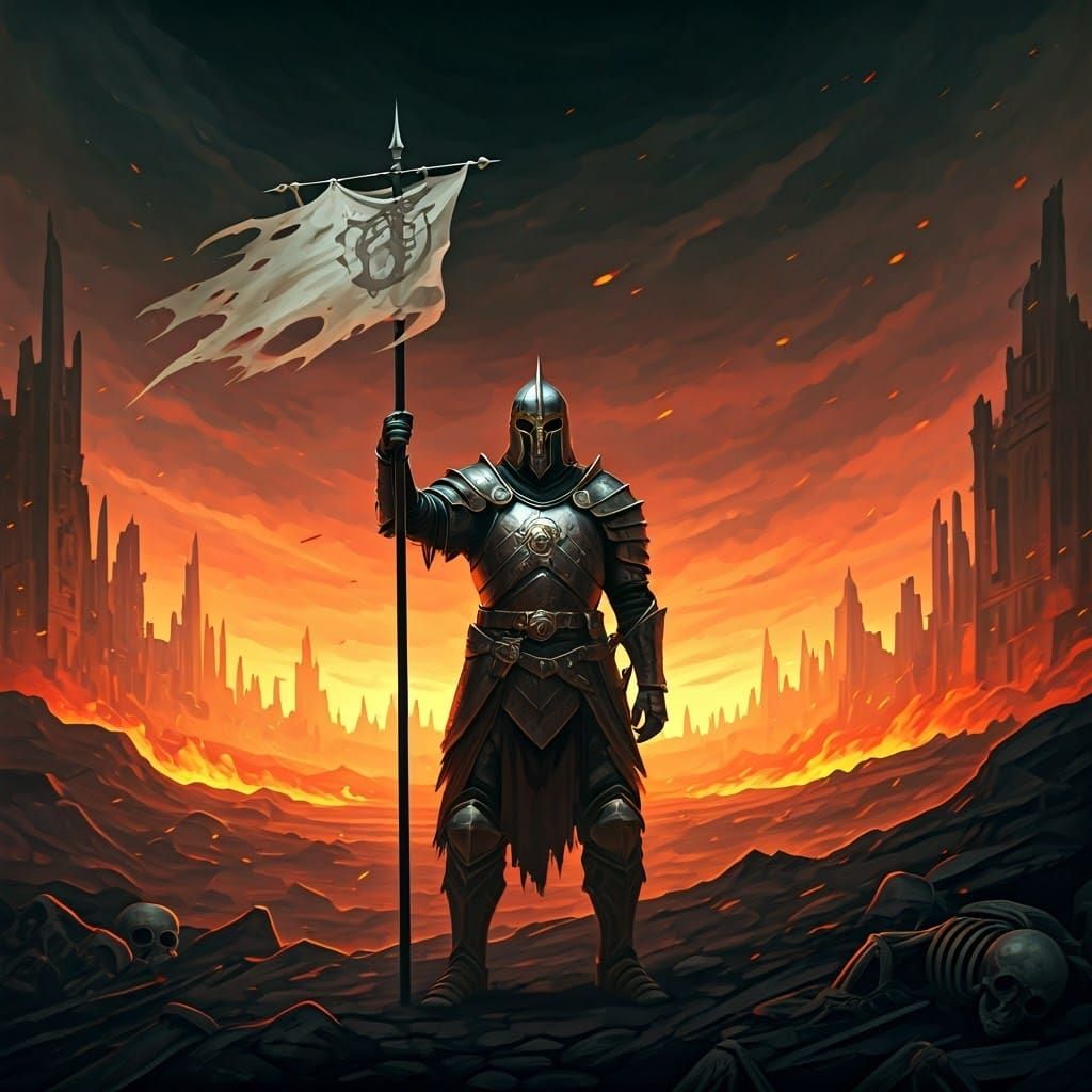 Warrior Surrender on Ancient Battlefield in Fantasy Style