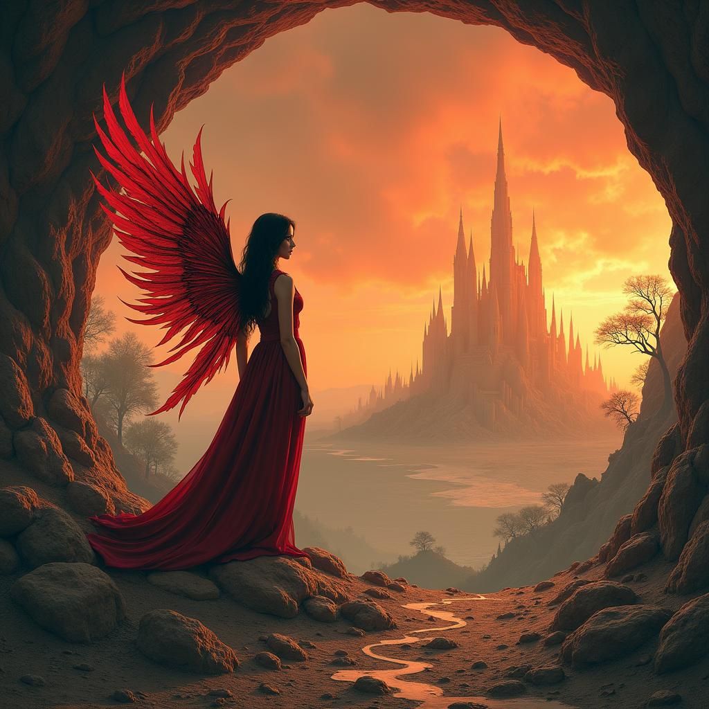 Crimson Winged Woman in Post-Apocalyptic Landscape