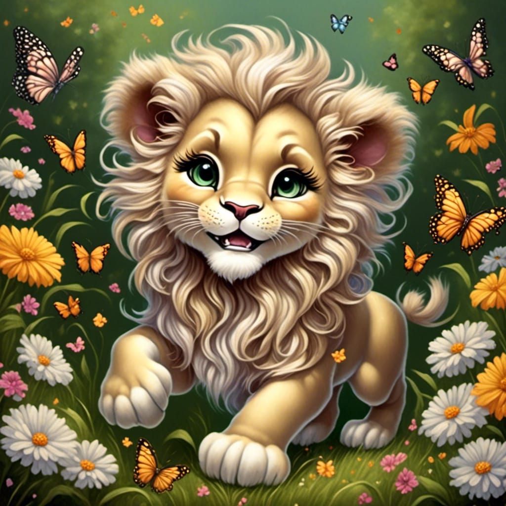 Cute lion cub with long messy main and chubby cheeks, joyful...