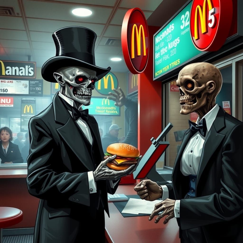 "Zombie".....I ordered a McBrainburger with No Cheese, and where's the fries......and take that grin off your face it's ...