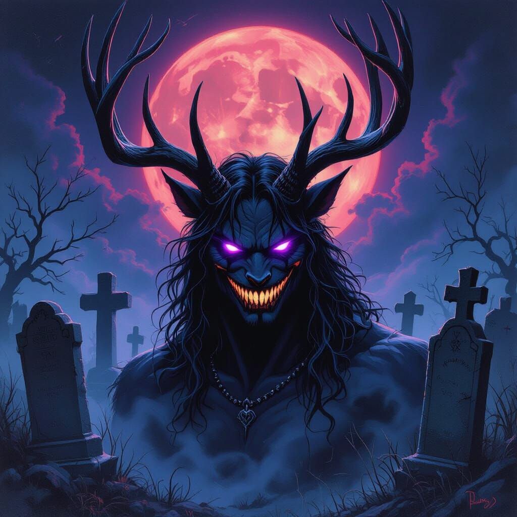 Haunting Centaur in Graveyard, Noir Fantasy Oil Painting