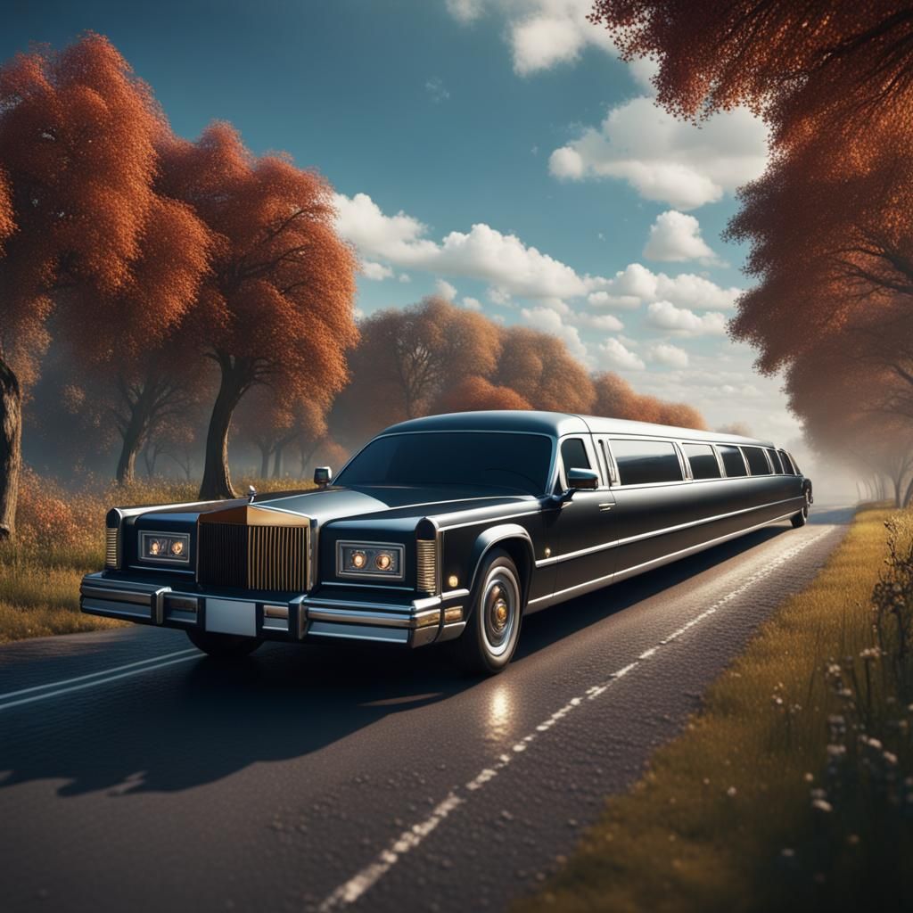 Limousine Drives Down Country Road: Detailed Matte Painting