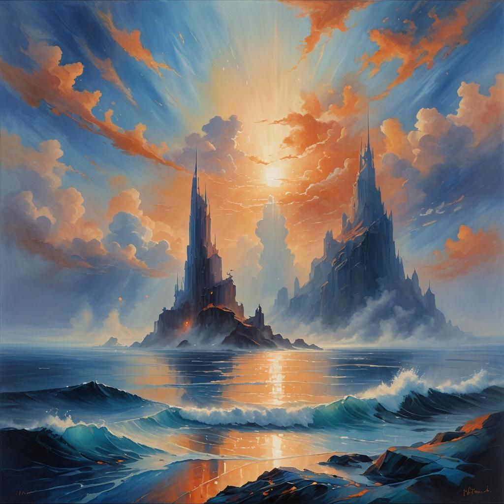 Ethereal Ocean Vista with Crystal Spires, Art Nouveau