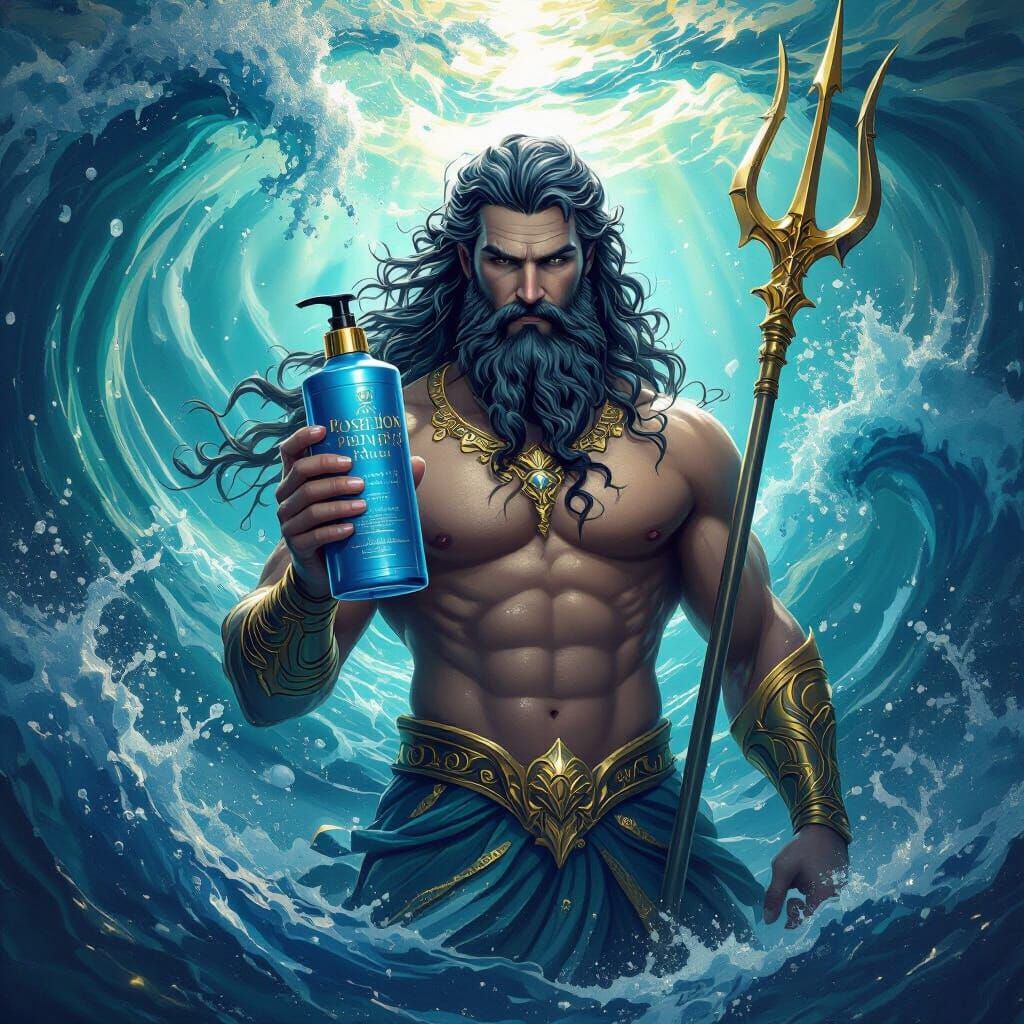 Poseidon Holds "Poseidon's Promise" Shampoo in Epic Fantasy ...