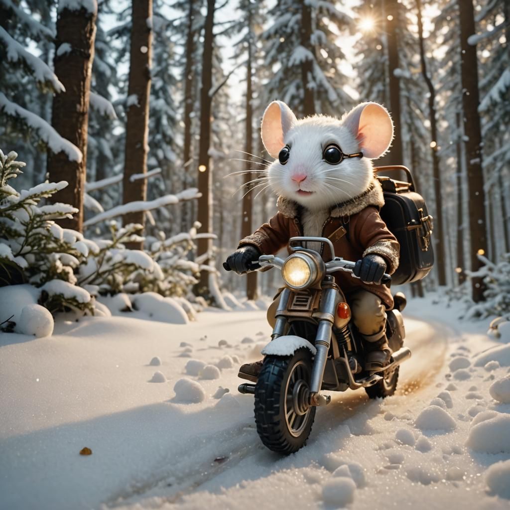 Mouse on Motorcycle in Snowy Forest, Cinematic Style