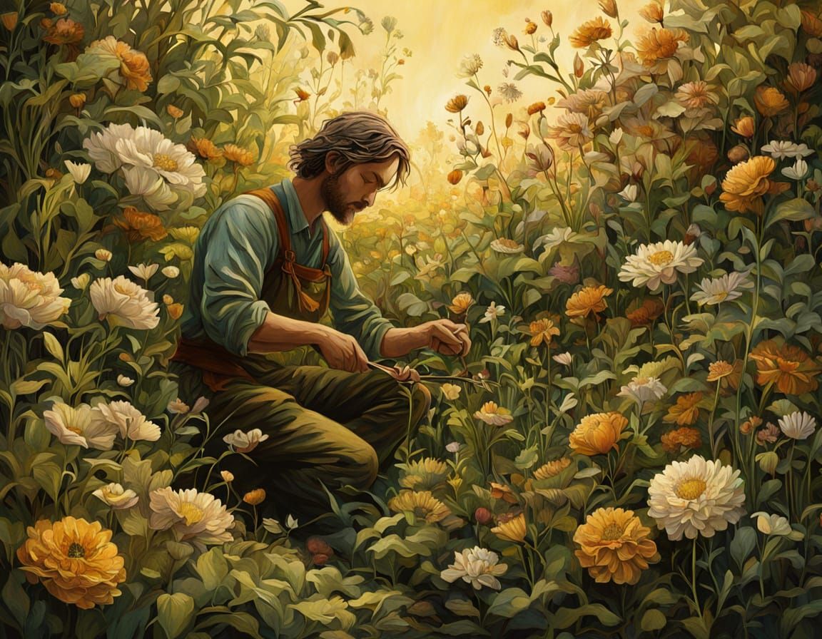 Whimsical Wild Gardener in Neo-Romantic Style