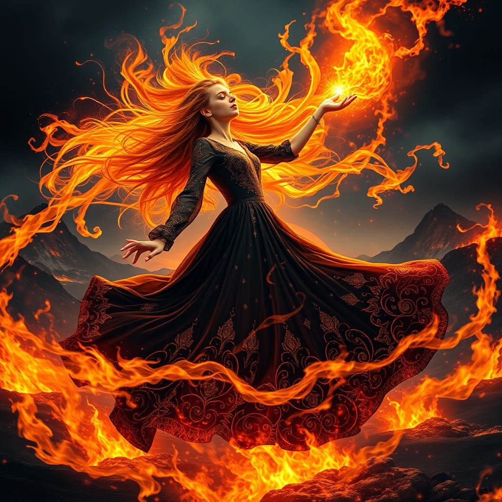 A Young Woman Dances Amidst Fiery Magic in a Futuristic Land...