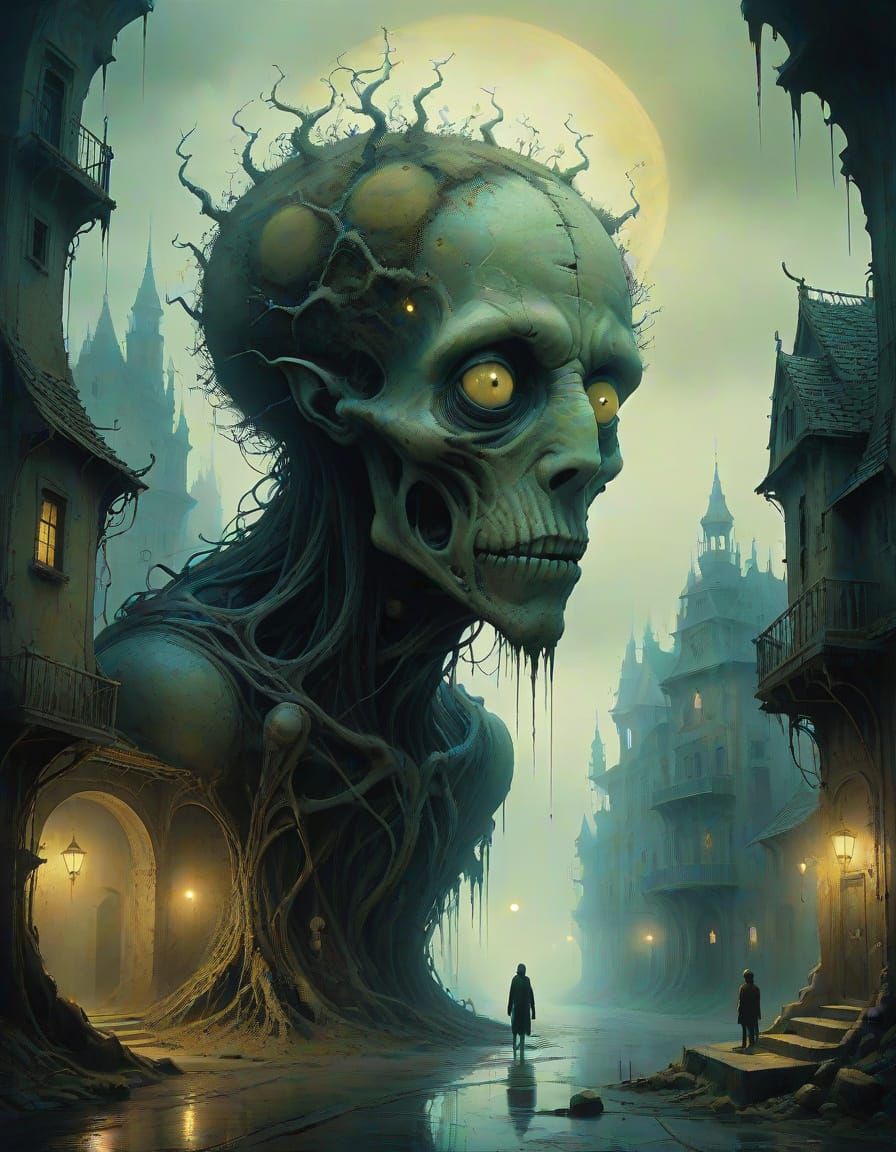 Monstrous Beings in Organic City, Surreal Ethereal Art