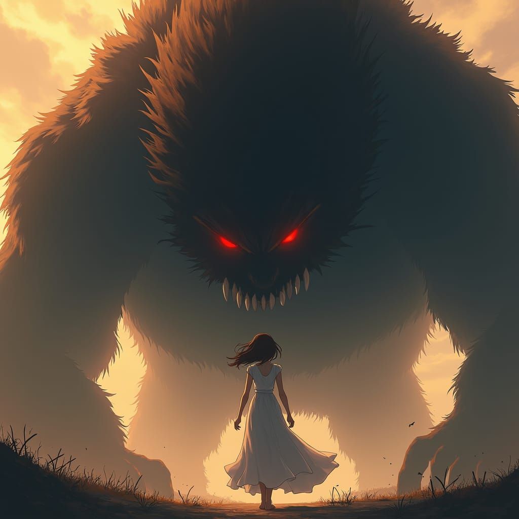 Woman Confronts Shadow Monster in Anime Style
