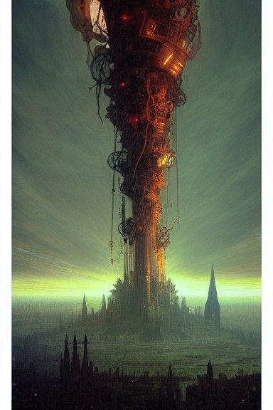 Hellish Tower of Babel: Clockpunk Vaporwave Art