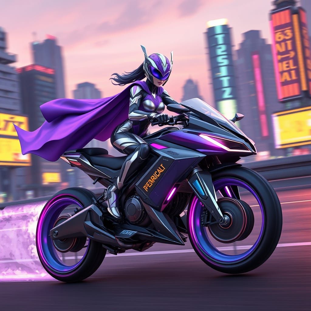 Purple Psycho Ranger Rides Cyberpunk Hoverbike