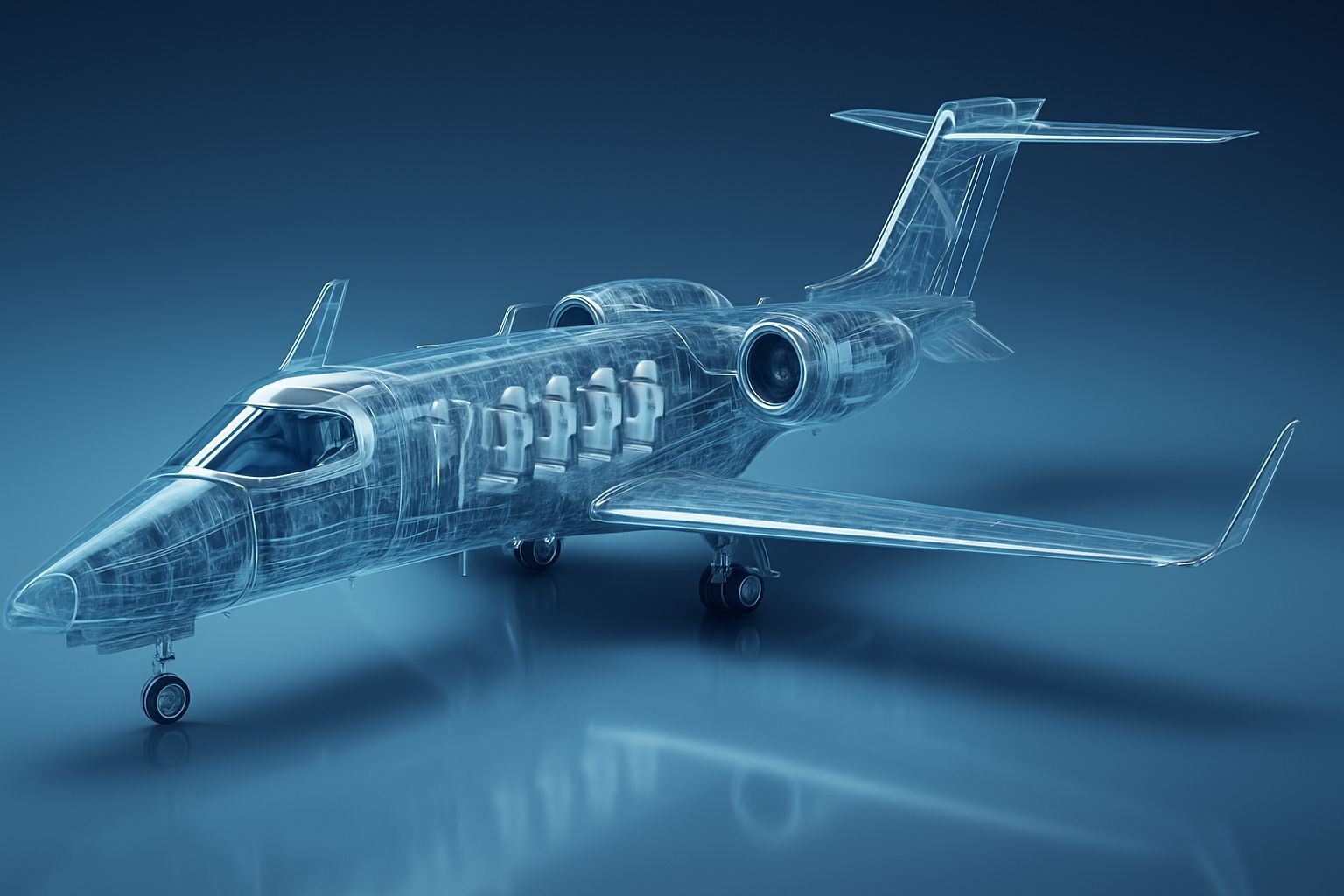 A highly detailed transparent Learjet 45 jet airplane rendered with a glass-like exterior skin, showcasing all internal ...