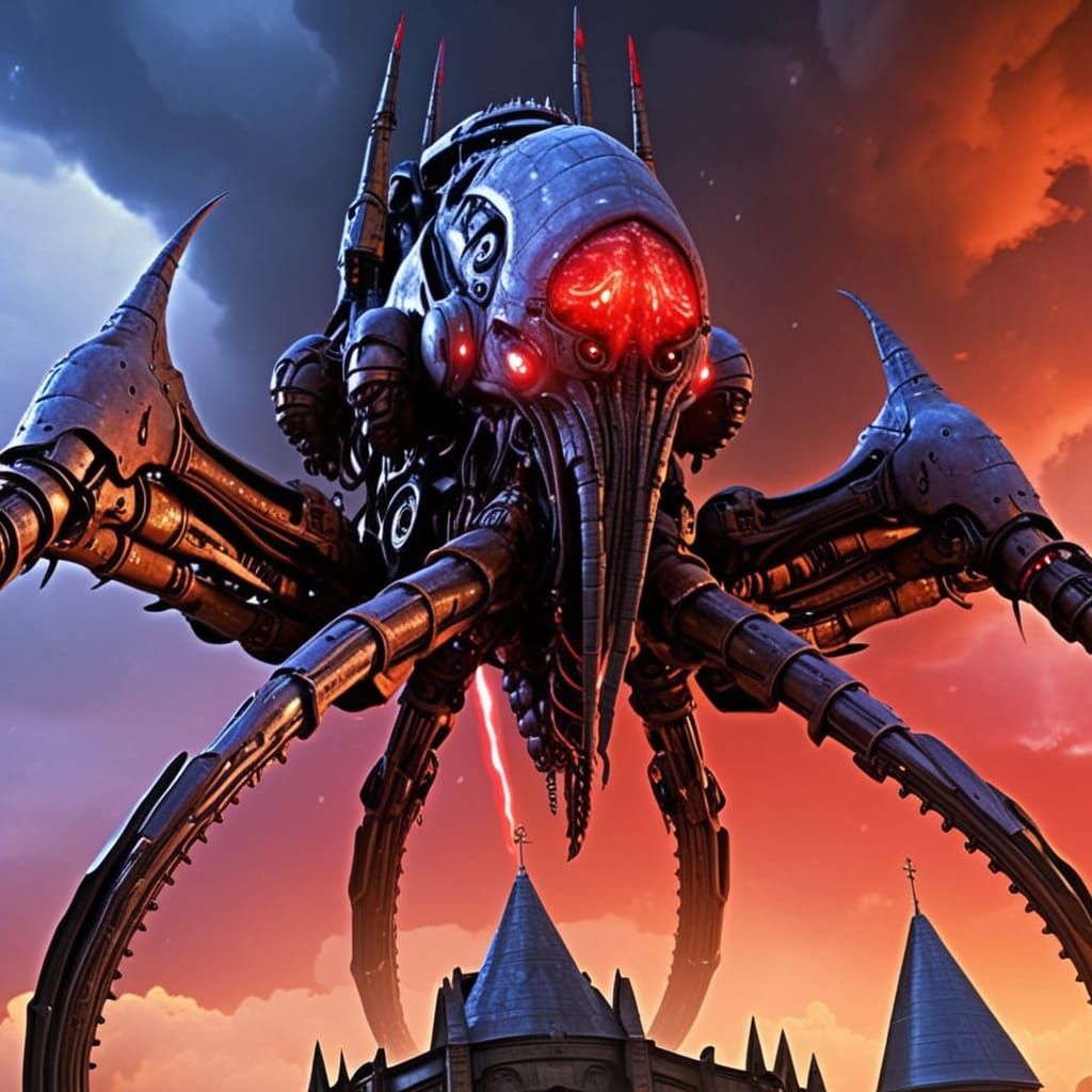 Grimdark Robotic Space Ship Soars Above Medieval City in Red...