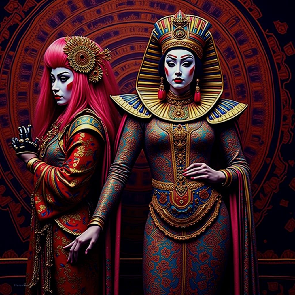 Harlequin, Geisha, and Tutankhamun in Photorealistic Full Bo...