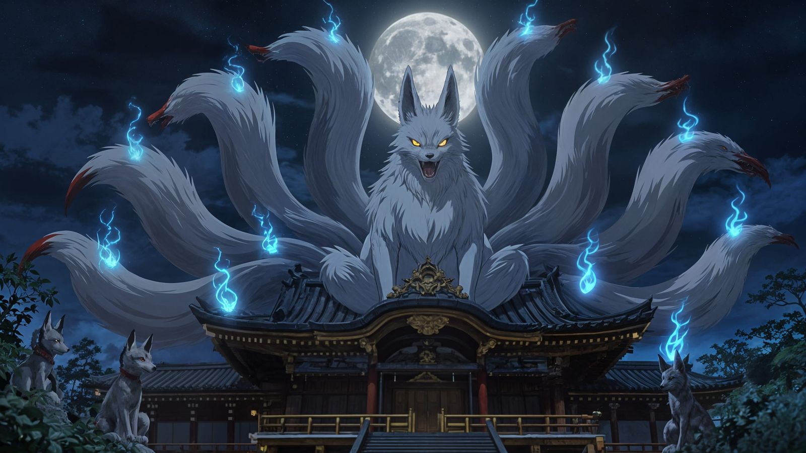 White Kitsune God on Temple Roof in Moonlight
