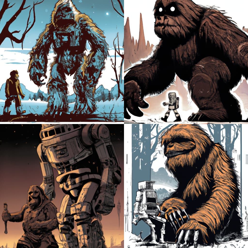 Bigfoot and Astromech Friend in Comic Book Style