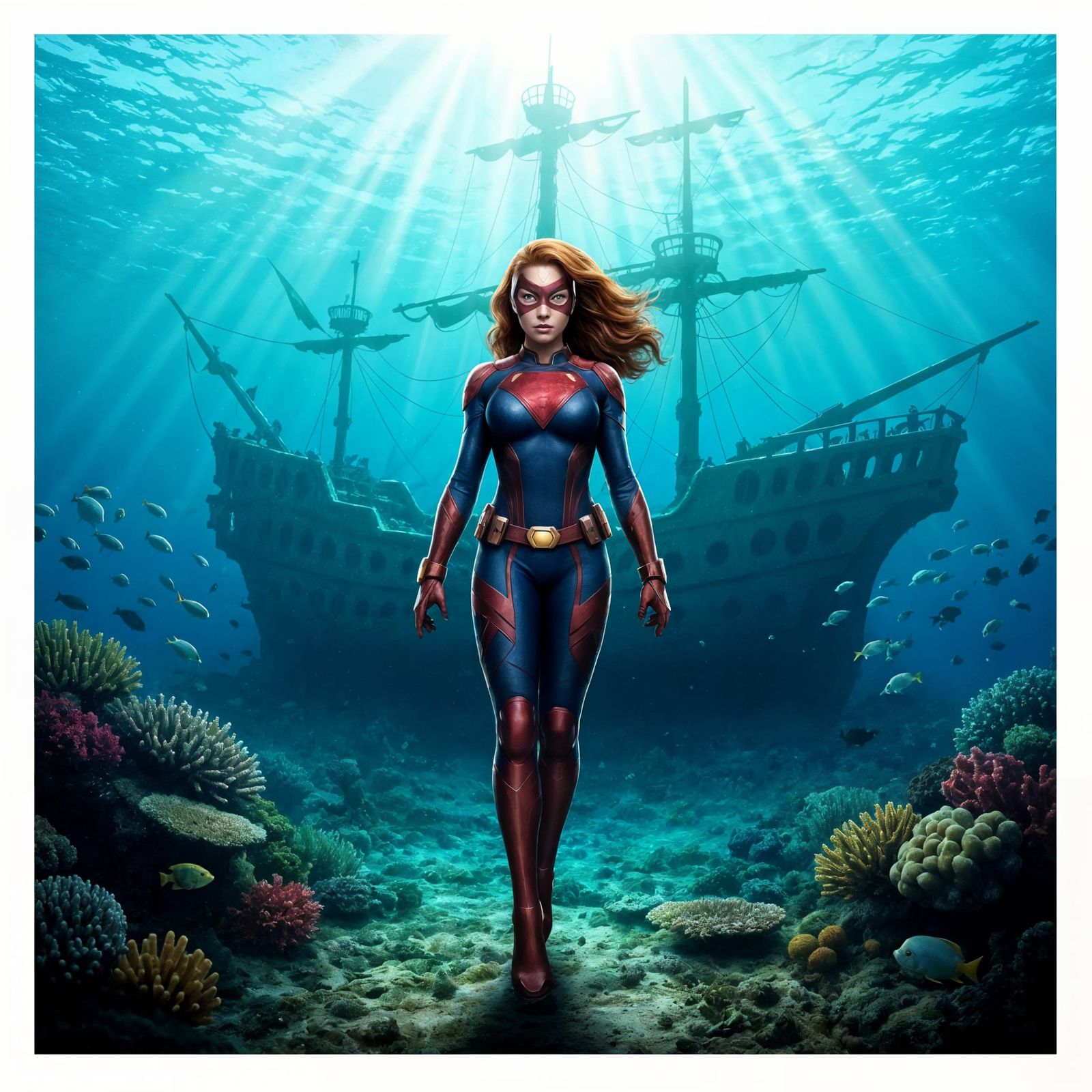 Underwater Superheroine on Sunken Ship, Comic Book Style
