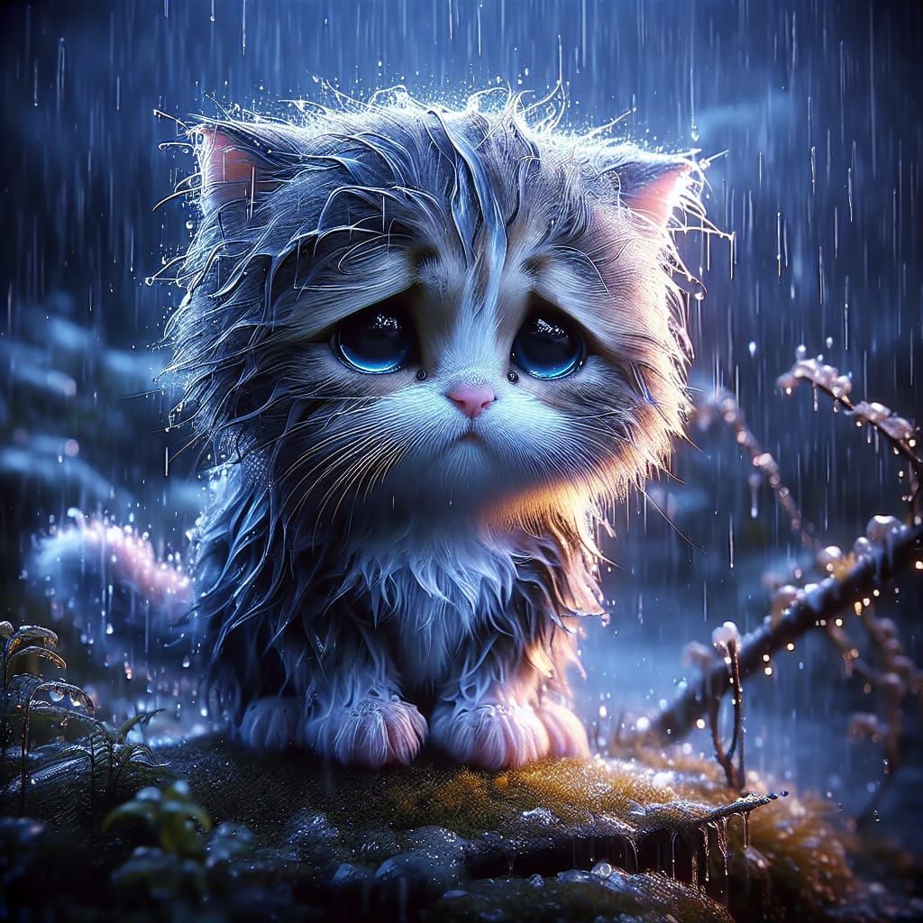 Sad Kitten in Rainy Fantasy Landscape, Matte Painting