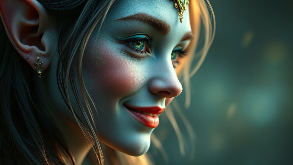 Enchanting Fantasy Elf Portrait in Soft Luminescent Blue Ton...