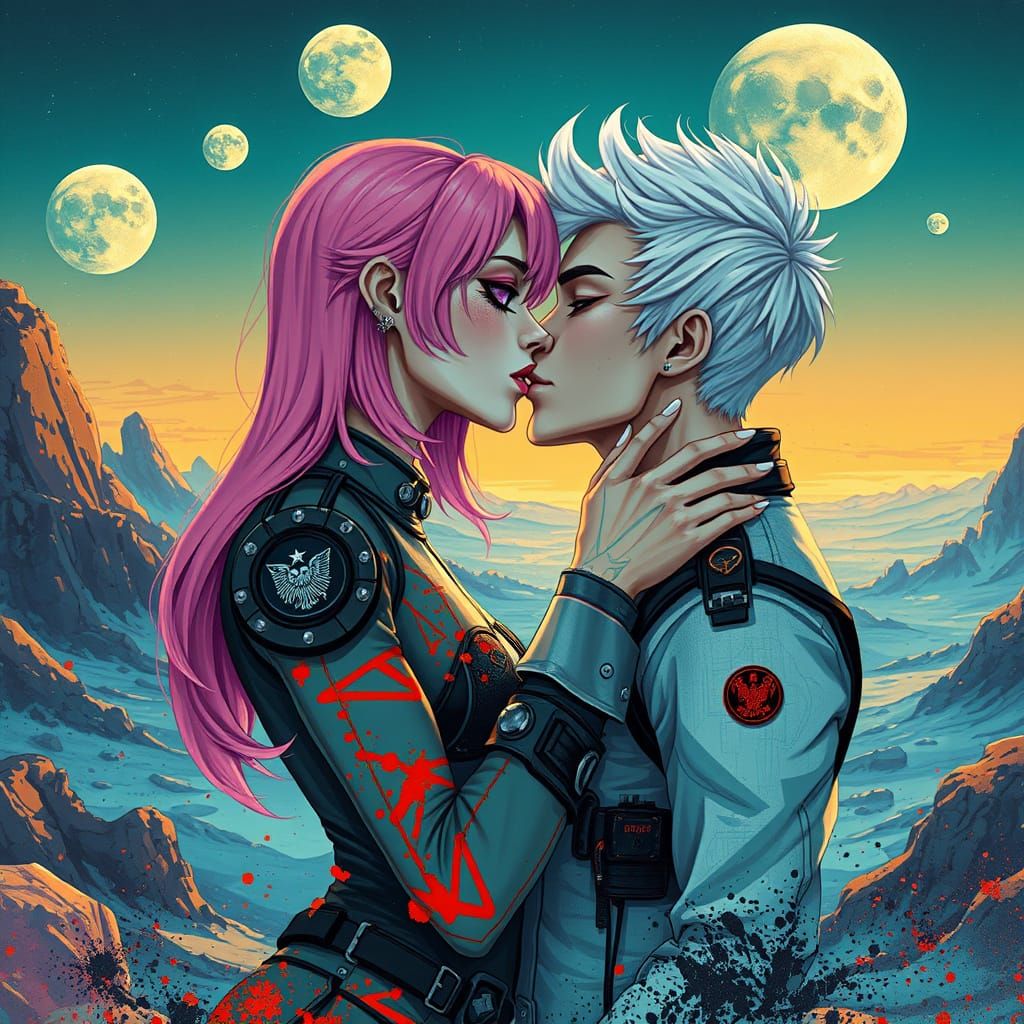 Romantic Alien Kiss in Alcohol Ink Style