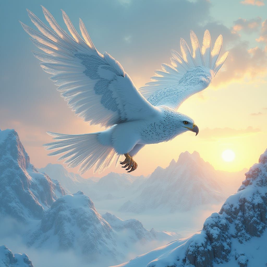Snow Eagle Soaring Above Frosted Mountains, Art Nouveau Styl...